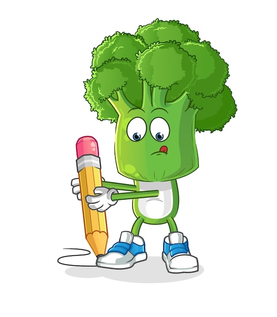 Broccoli hoofd cartoon schrijven met potlood cartoon mascotte vector