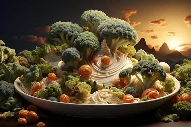 Vector broccoli and lemon on a brown background forest concept made of vegetables and fruit creative idea