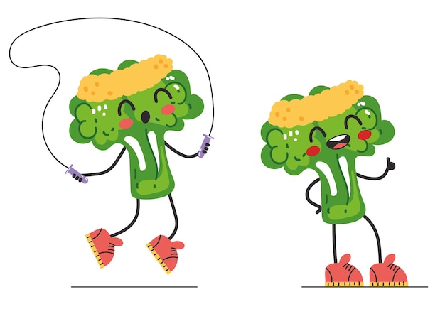 Broccoli sport karakter finess activiteit mascotte geïsoleerde set grafisch ontwerp illustratie