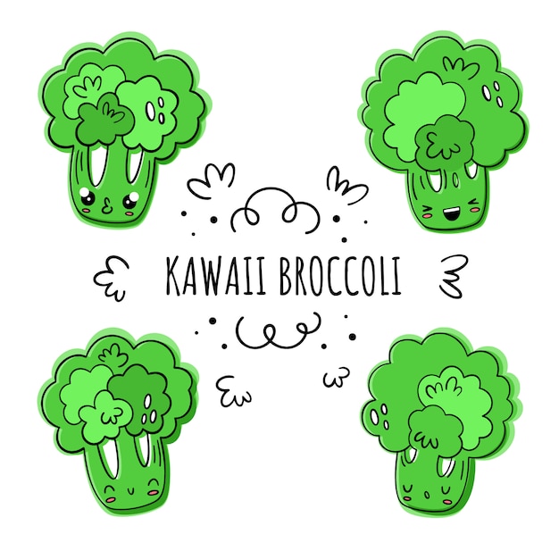 Broccoli, set vettoriale in stile kawaii