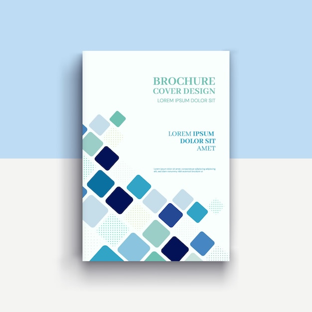 A brochure cover design with blue squares on a light blue background.