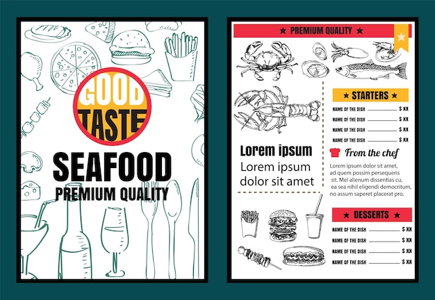 Брошюра или плакат Ресторанное меню с морепродуктами с доской Фон в векторном формате eps10