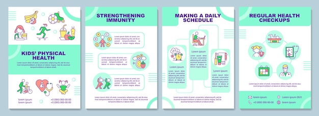 Brochure sjabloon voor lichamelijke gezondheid voor kinderen. Regelmatige medische controle. Flyer, boekje, folder afdrukken, omslagontwerp met lineaire pictogrammen. Vectorlay-outs voor presentatie, jaarverslagen, advertentiepagina's