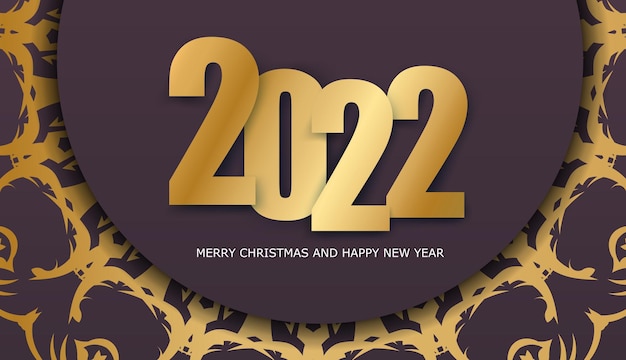Modello di brochure 2022 buon natale e felice anno nuovo color bordeaux con ornamenti in oro di lusso