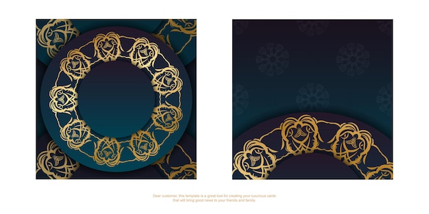 印刷用に準備された曼荼羅の金の飾りとグラデーションの青い色のパンフレットテンプレート。