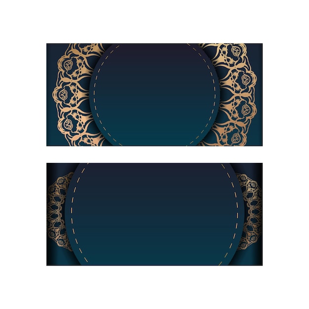 인쇄할 준비가 된 빈티지 골드 장식품이 있는 그라데이션 블루 색상의 브로셔 템플릿.