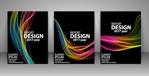 Brochure with futuristic colorful light wave background. 