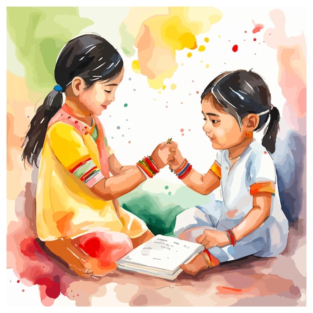 Broer en zus Indiase rakshabandhan festival viering aquarel vectorillustratie