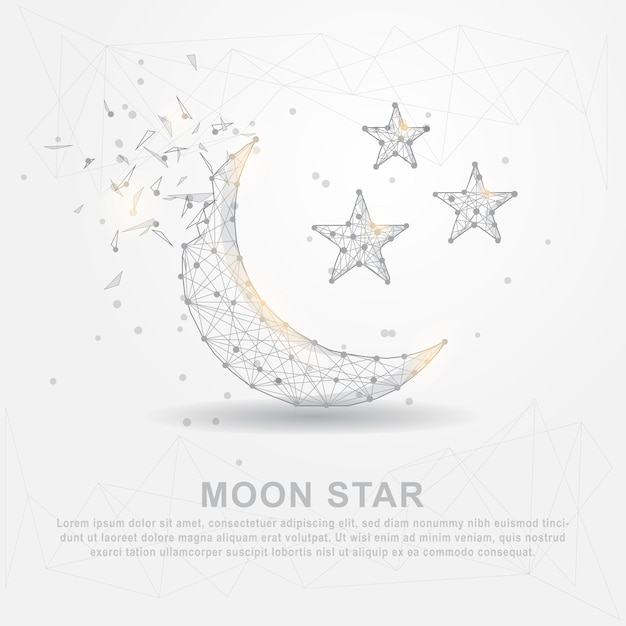 Broke and spread moon and star with shadow digitally drawn low poly wire frame