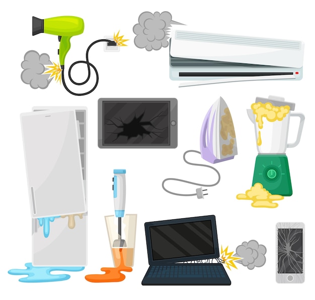 Broken appliances set damaged electrical household equipment vector Illustrations isolated on a white background