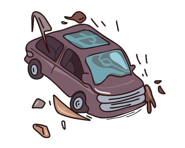 Vector broken car after car accident doodle vector illustration