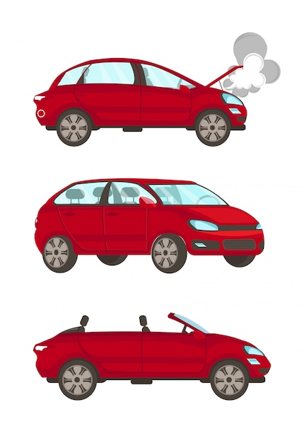 Illustrazioni piane di vettore del fumetto dell'automobile rotta messe