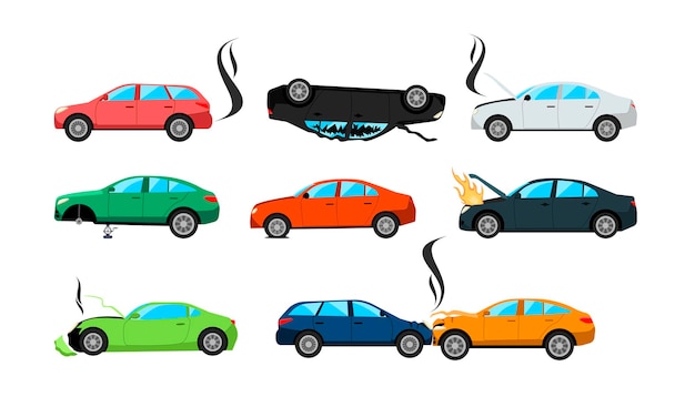 Broken cars after road traffic accident cartoon illustration set. auto, automobile with broken motor and engine without wheel after crush or collision in need of repair. damage, vehicle, fire concept