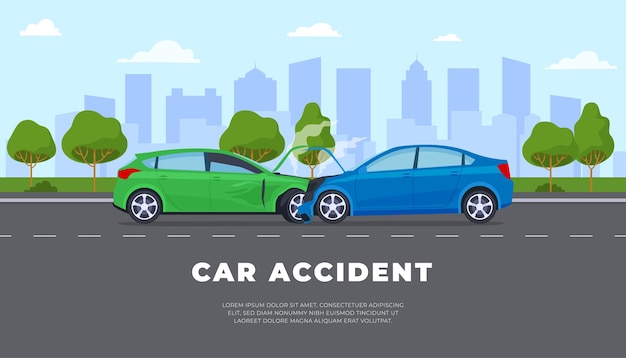 Broken cars banner Road traffic accidents Property damage Vector illustration