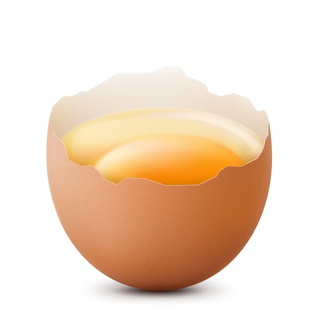 Разбитое куриное яйцо, половина с желтком, изолированным на белом фоне. Разбитое сырое куриное яйцо. Здоровая диета. Реалистичная трехмерная векторная иллюстрация.