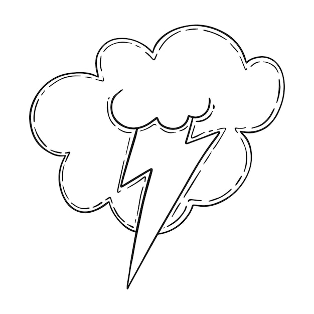 Vector broken cloud with thunderstorm doodle linear