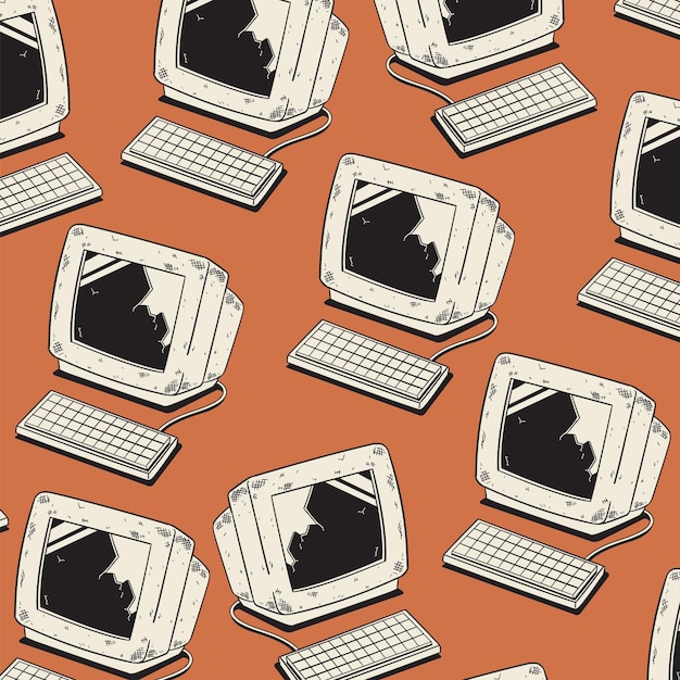 Broken computer vintage seamless pattern