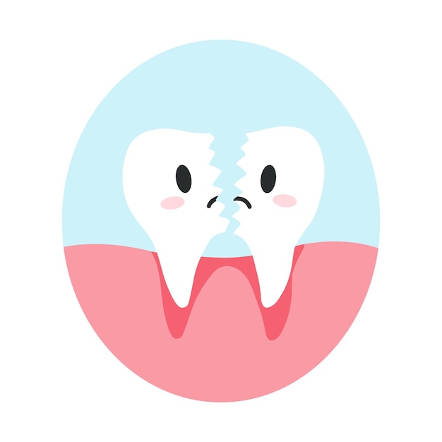 Vector broken cracked tooth in cartoon flat style vector illustration of disgruntled split teeth character dental care concept oral hygiene