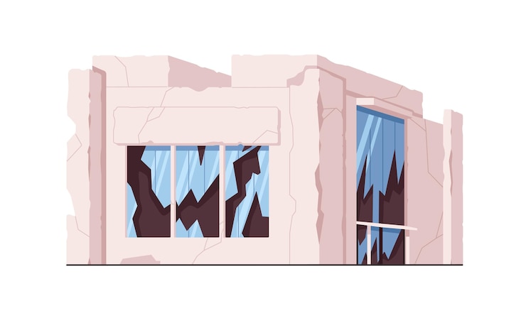 Vector broken damaged building with destroyed cracked walls smashed wrecked windows glass door construction destruction ruined house facade flat vector illustration isolated on white background