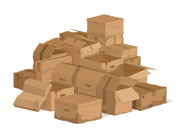 Broken damaged cardboard boxes torn carton packaging Broken delivery cardboard packages or mail parcels vector illustration set Damaged crate boxes