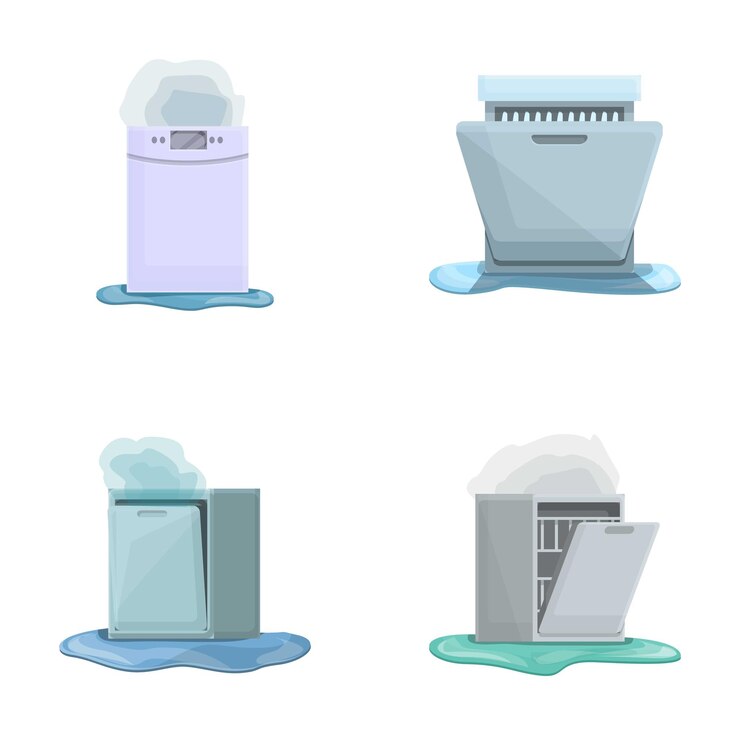 Vector broken dishwasher icons set cartoon vector damaged household dishwasher