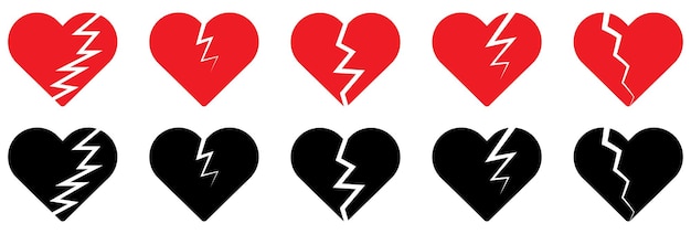 Broken or divorce hearts icon set