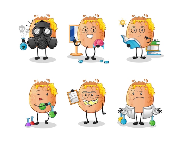 Broken egg scientist group character. cartoon mascot vector