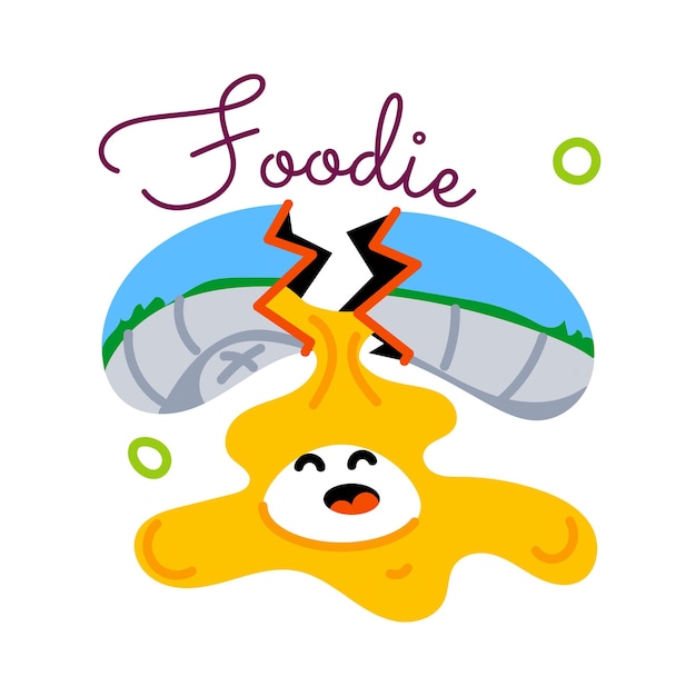 Broken egg with foodie word flat style sticker
