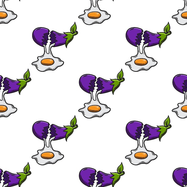 Broken eggplant seamless pattern releasing a whole egg on white background