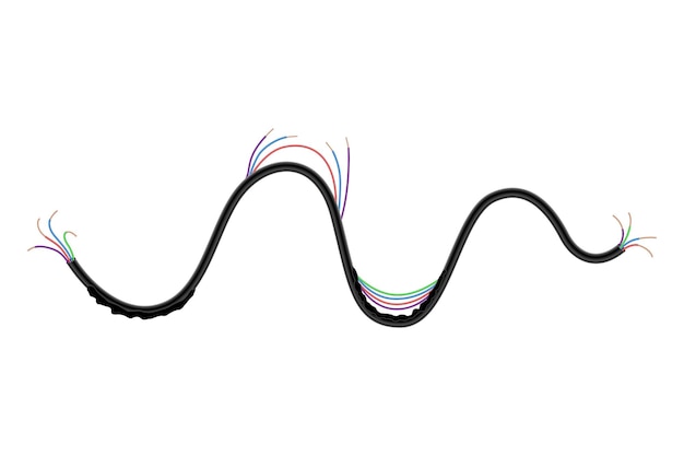 Вектор Сломанный электрический медный провод или шнур поврежденный кабель электропитания порванный провод с оголенным проводом опасная электрическая проблема цветной электрический кабель векторная иллюстрация на белом фоне