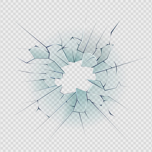 Broken glass. cracked window texture realistic destruction hole in transparent damaged glass. realistic shattered glass template