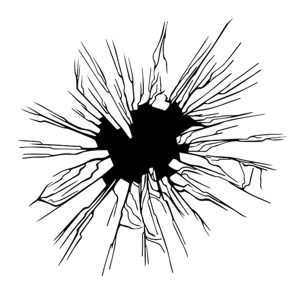 균열이 있는 금이 간 검은 총알 구멍이 있는 깨진 유리 효과 격리된 템플릿 디자인의 벡터 그림