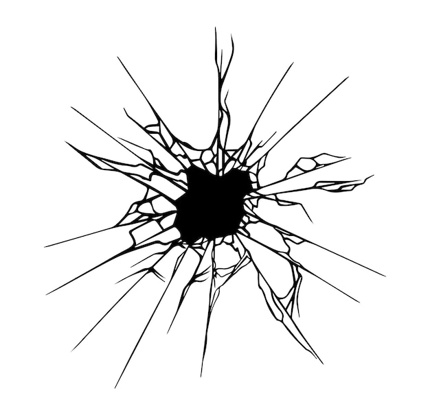 Broken glass effect with cracked bullet hole with sharp edges and shatters Vector illustration of isolated template design