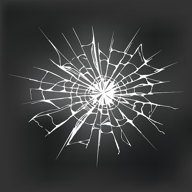 Vector broken glass from impact with black hole in the middle .