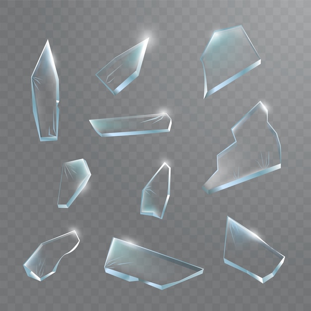 Broken glass pieces. shattered glass on transparent background.  realistic illustration