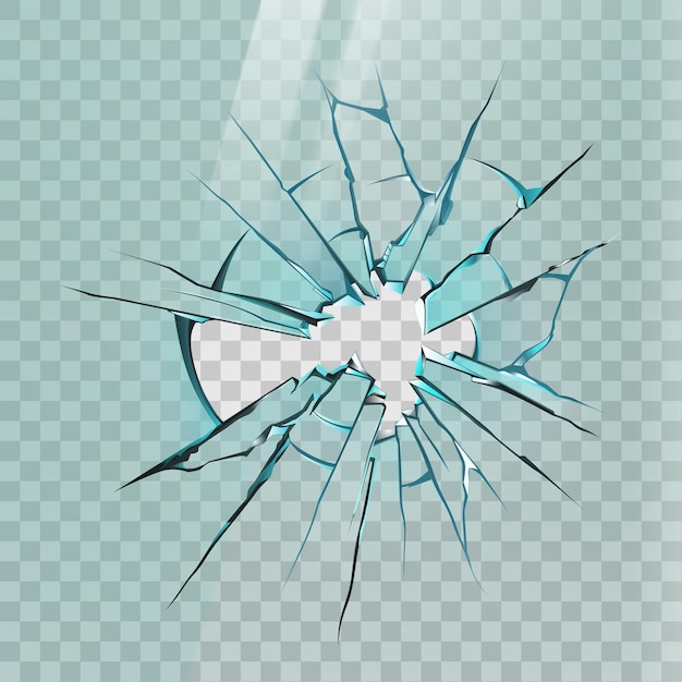 Vector broken glass. realistic crack on window, ice or mirror with sharp shards and hole. smashed screen effect, shattered glass vector mockup. illustration glass crash, shattered vandalism, sharp textured