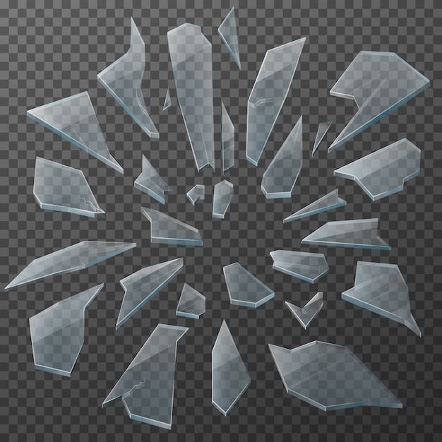 Vector broken glass shards, realistic transparent pieces