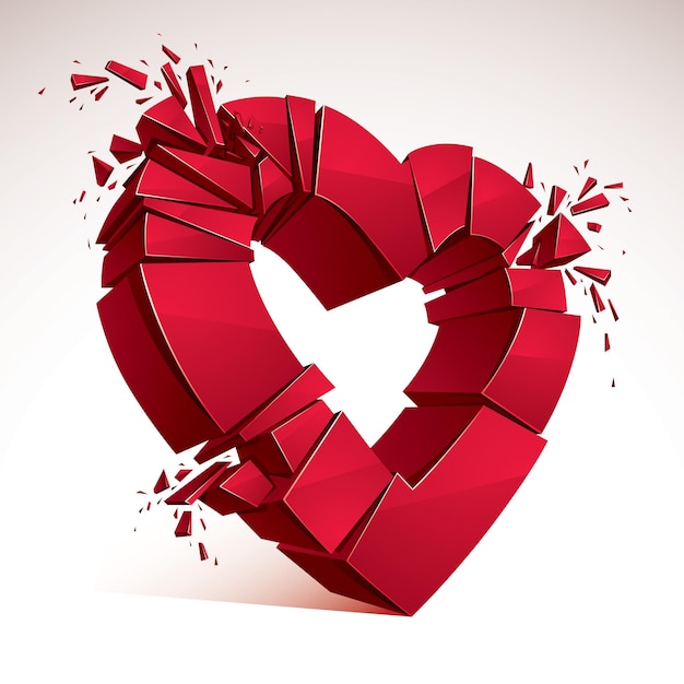 Vector broken heart concept breakup, 3d realistic vector illustration of heart symbol exploding to pieces. creative idea of breaking apart love, break up.