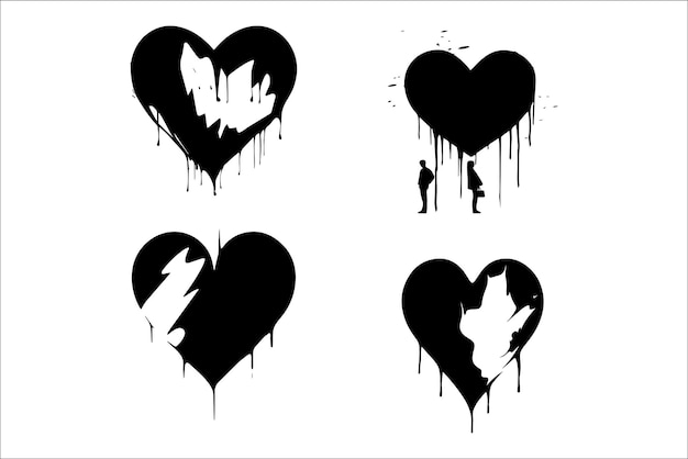 Vector broken heart gothic vector silhouette set love sign gothic silhouette and cracked grunge silhouette