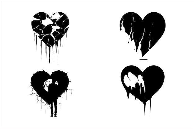 Broken heart gothic vector silhouette set love sign gothic silhouette and cracked grunge silhouette