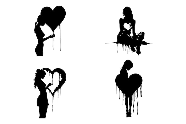 Broken heart gothic vector Silhouette set love sign gothic Silhouette and cracked grunge Silhouette