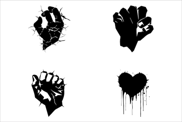 Vettore broken heart gothic vector silhouette set love sign gothic silhouette e cracked grunge silhouette