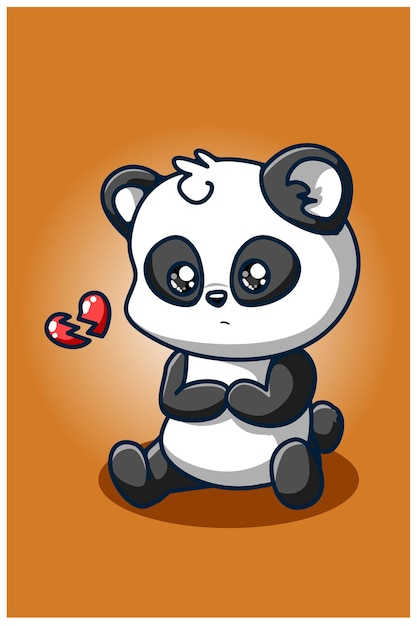 Broken heart panda illustration hand drawing