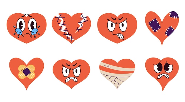 Vector broken heart plaster sad face emoji isolated set flat graphic design illustration