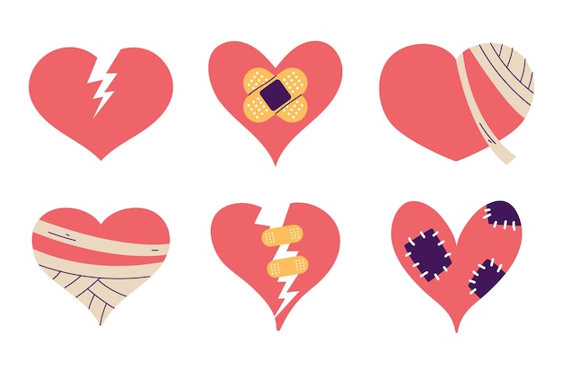 Broken heart sad character face bandage crack isolated set graphic design illustration