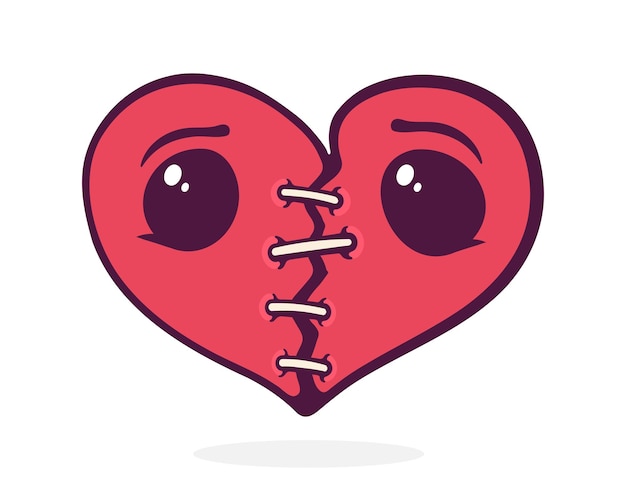 Vettore cuore spezzato con occhi tristi e cucitura simbolo del giorno di san valentino illustrazione vettoriale clipart disegnato a mano