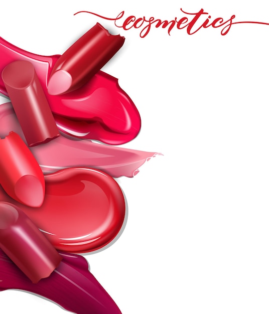 Vector broken lipsticks closeup and smears lipstick realistic mockup vector illustration