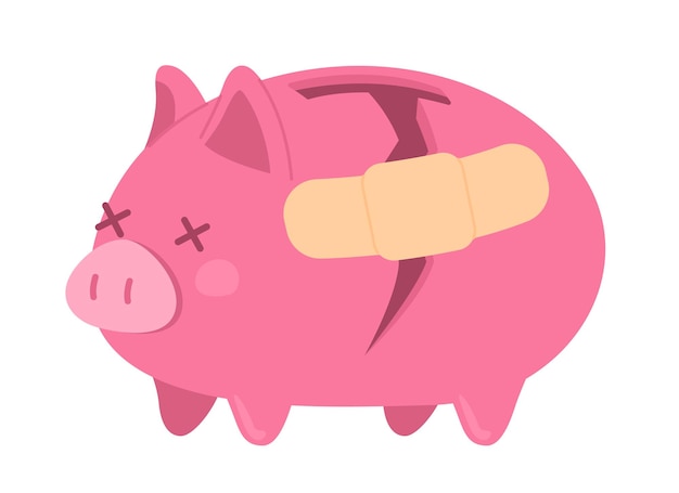 Broken pink piggy bank with patch flat concept vector spot illustration
