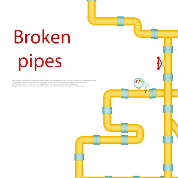 Вектор Сломанные трубы с утечкой пара или разрывом трубопровода свинцового газа проблемы с капающим краном с водопроводом сломанные трубы иллюстрация ветра изолирована на белом фоне