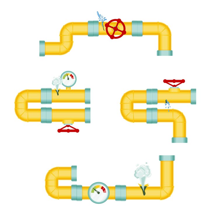Vector broken pipes with a leak of steam or lead gas rupture of the pipeline dripping faucet problems with water supply broken pipes wind illustration isolated on white background
